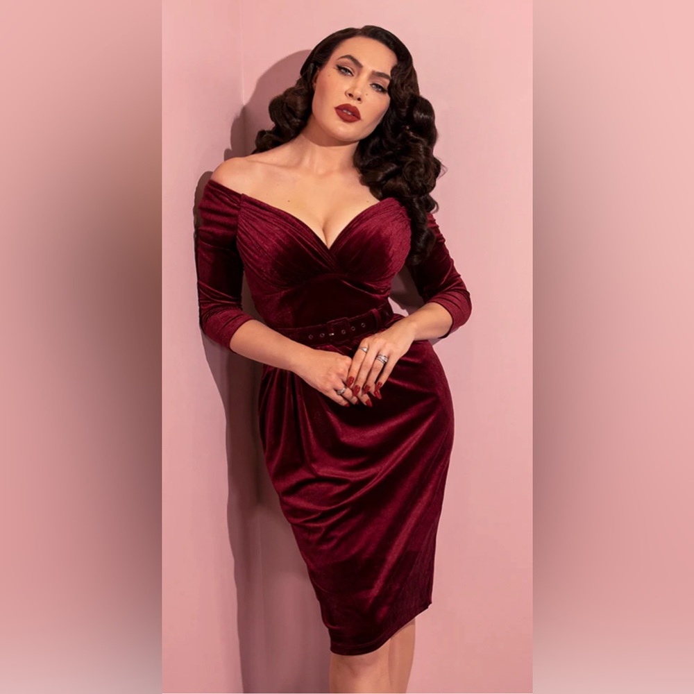 Vixen by Micheline Pitt Burgundy Velvet Off-Shoulder Sheath Dress